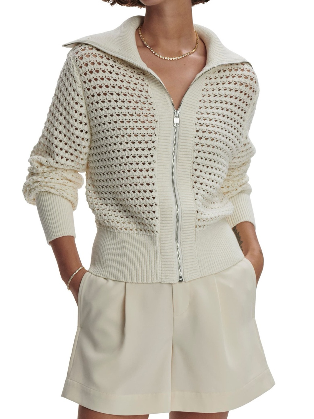 Varley Cream Open-Knit Zip Cardigan